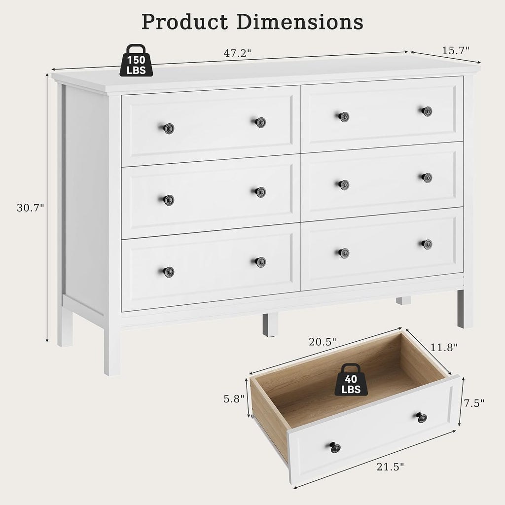 White Dresser , 6 Drawer Dresser with Wide Drawer and Metal Handles, Wood Dressers & Chests of Drawers .