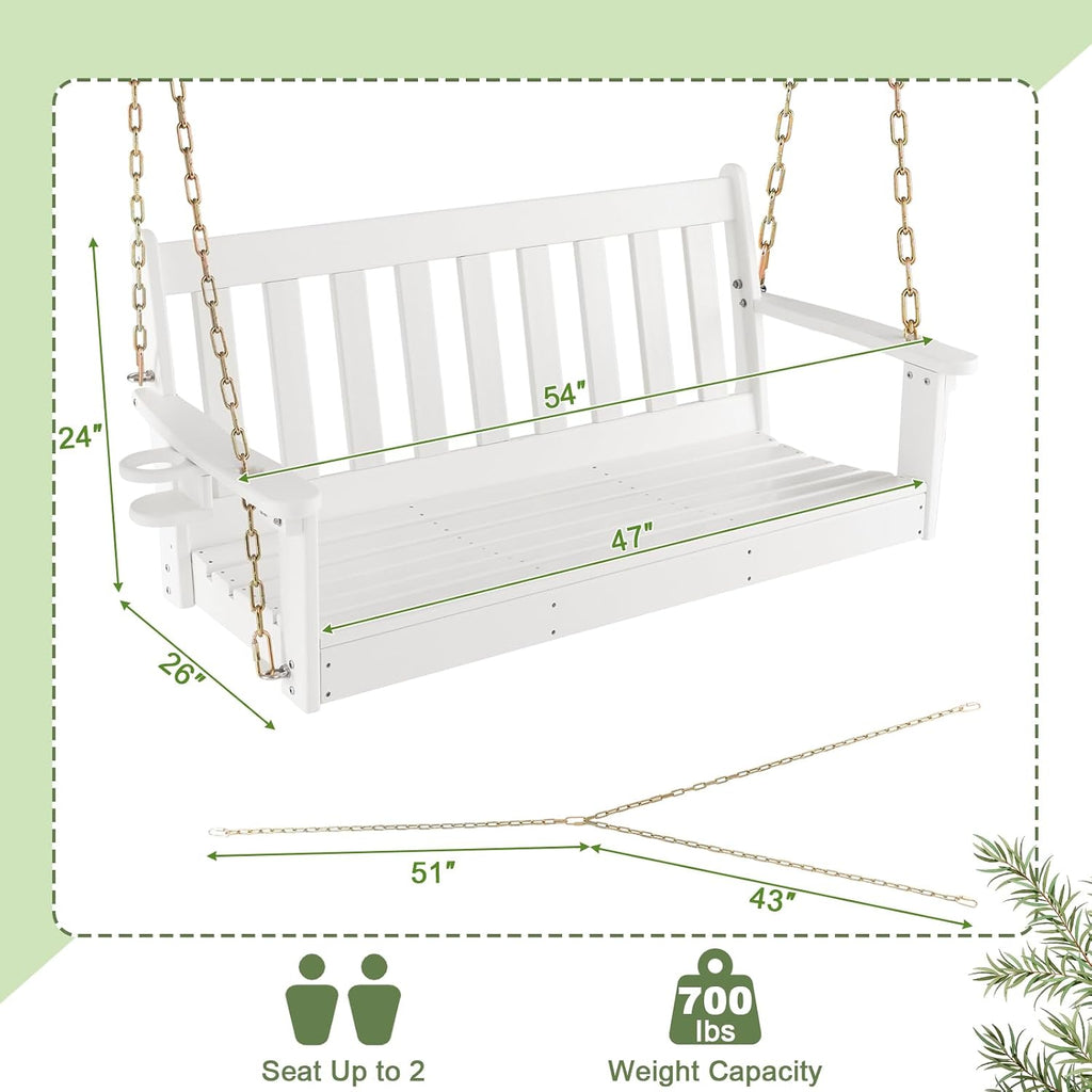 2 Person Hanging Porch Swing, Outdoor Bench Swing with Adjustable Chains, Hidden Cup Holder, HDPE Tree Swing Chair