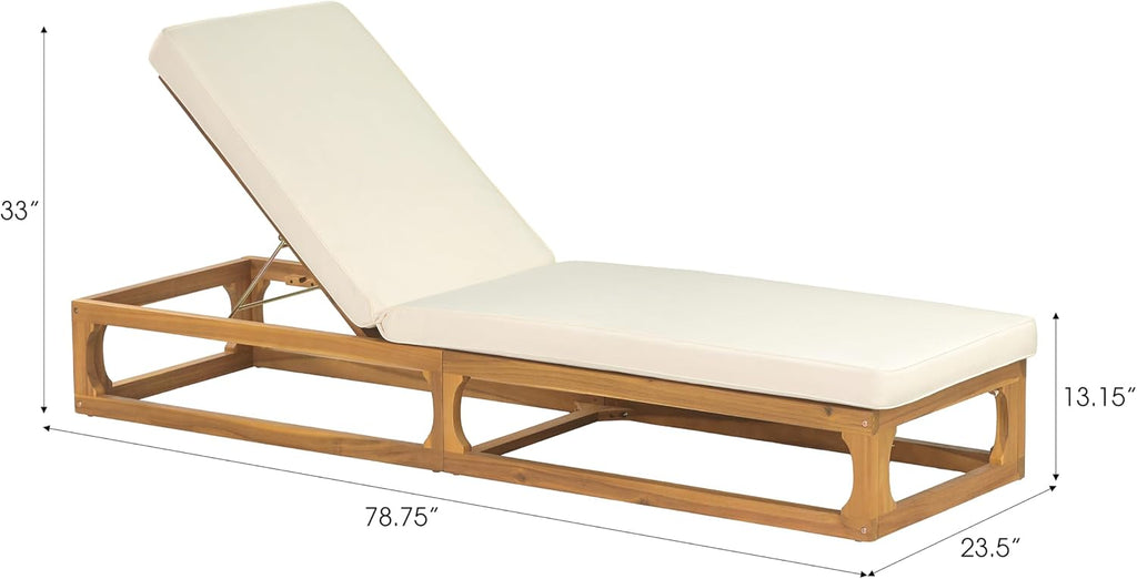 Modern Patio Chaise Lounge Chair Outdoor, Acacia Wood Poolside Sun Lounger with Cushion, Open Frame Pool Lounger