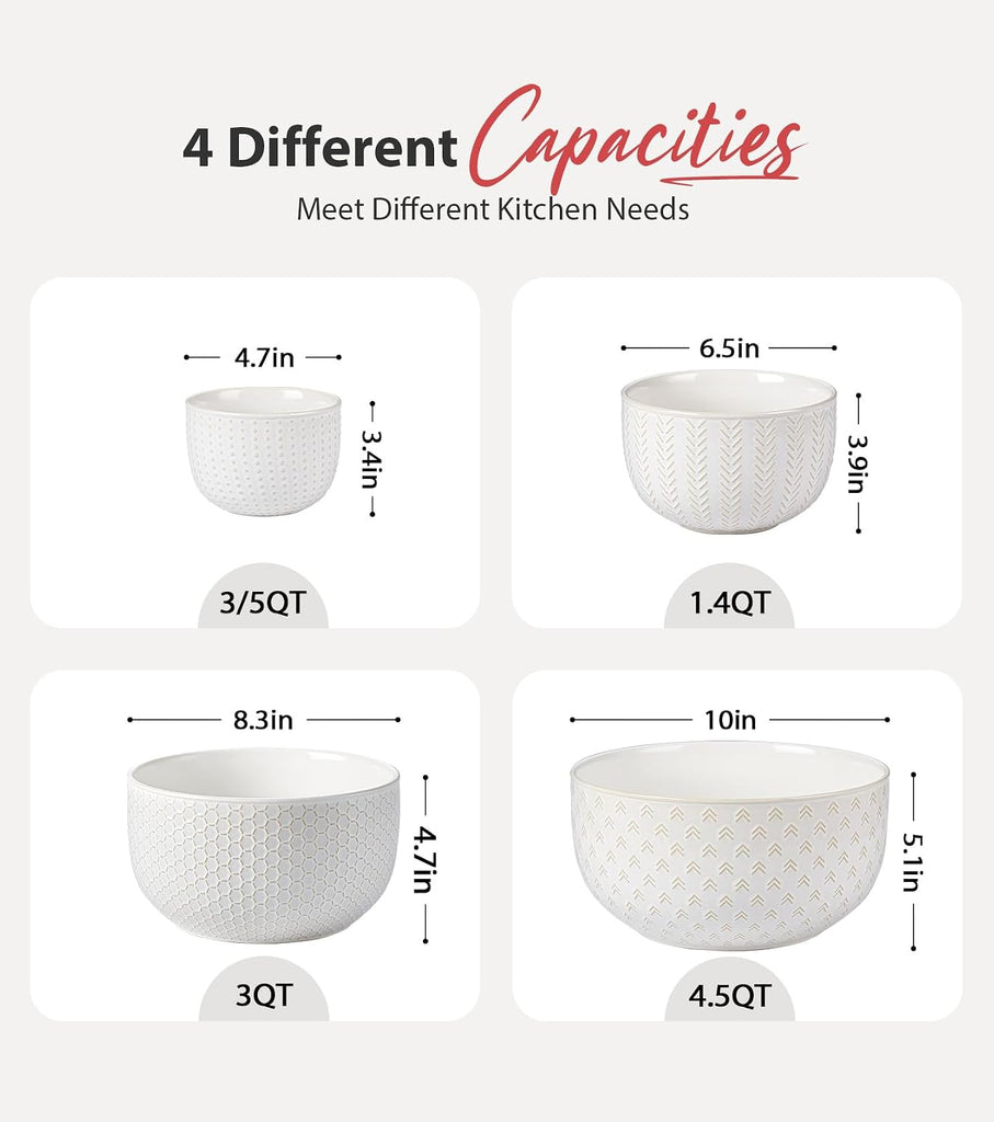Ceramic Large Mixing Bowls Set of 4, 20/44/98/145 OZ, Ivory White | Nesting Bowls for Cooking, Baking, Salad Etc