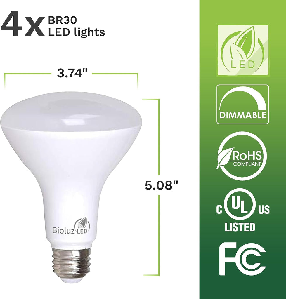 4 Pack BR30 LED Bulbs, Indoor Flood Lights 90+ CRI 65W Equivalent uses 7.5W 3000K Soft White 650 Lumens, E26 Base