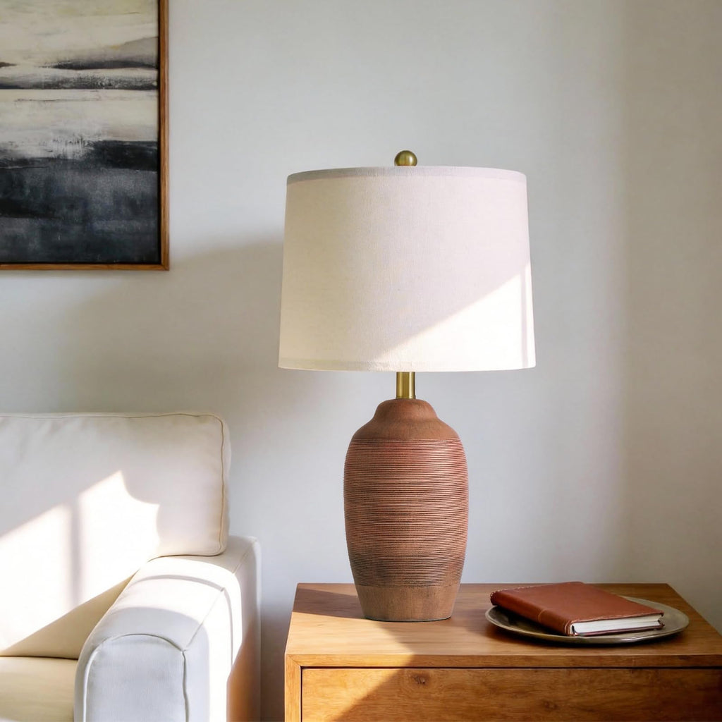24.5" Single Rustic Terracotta Brown Handcrafted Ceramic Table Lamp 5FT Cord, Farmhouse Vintage Lamp with Linen Drum