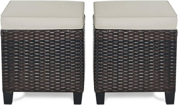 2-Piece Patio Ottoman Set - Wicker Footstools | All Weather PE Rattan Square Footstool, Removable Light Brown