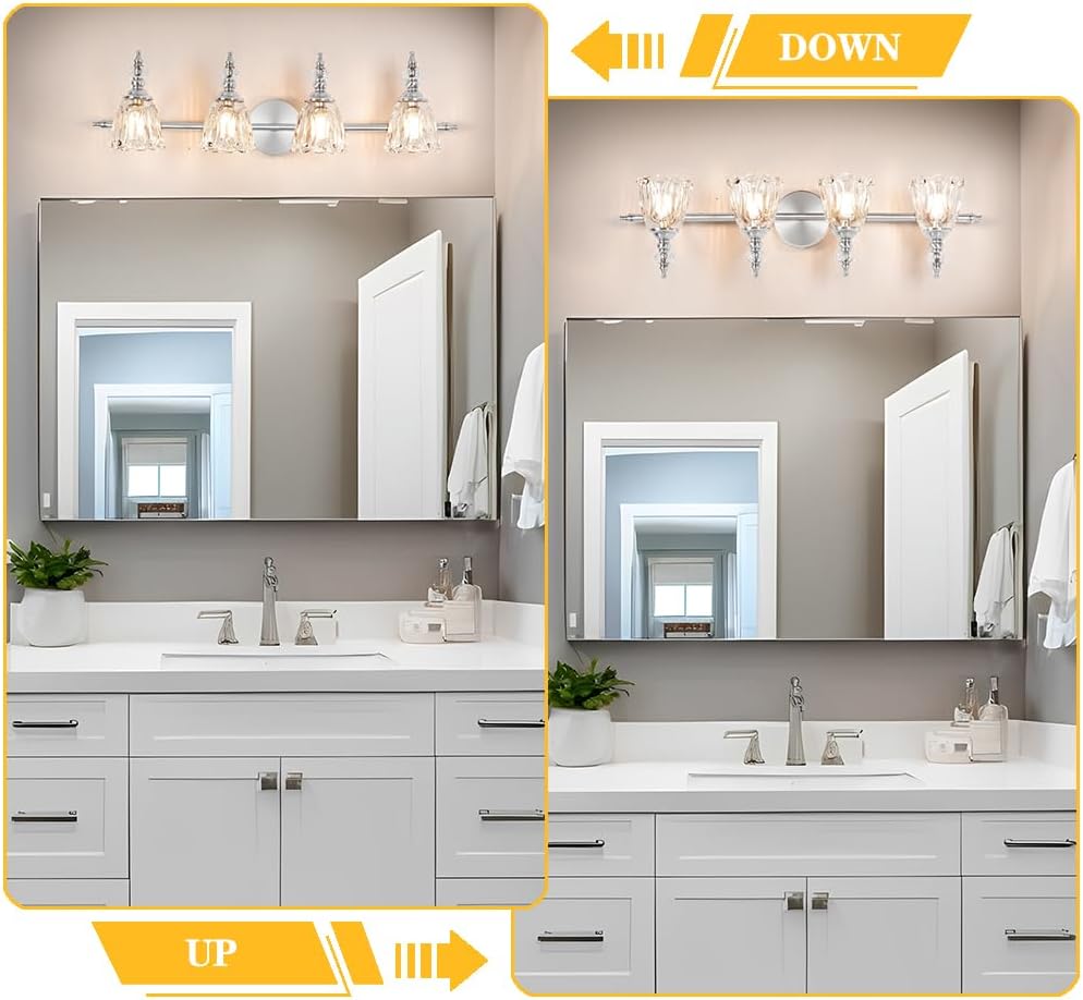 4 Light Brushed Nickel Bathroom Light Fixture, Antique Vanity Light with Flower Glass Shade, Bathroom Vanity Light