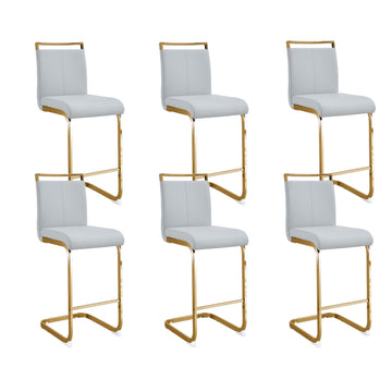 25" Modern Counter Height Bar Stool Set of 6, Leather Upholstered with Back and Gold Metal Frame, Kitchen Island