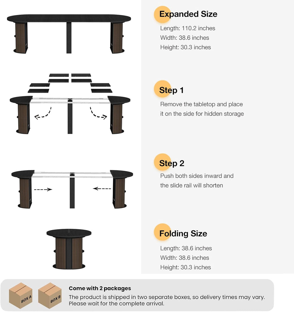Modern Extendable Round Dining Table, 38.6" to 110.2" Expandable Fluted Table for 2-12 People with Storage, Space