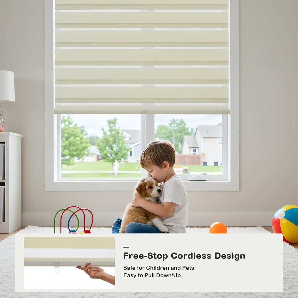 Cordless Zebra Blinds for Windows,Free-Stop Roller Zebra Shades,Light Filtering Blinds windows with Upgraded