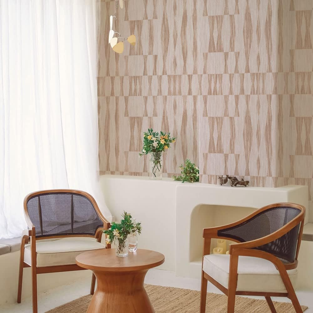 Beige Textured Faux Grasscloth Geo Removable Peel and Stick Wallpaper, 20.5 in X 16.5 ft, Made in The USA, Jute