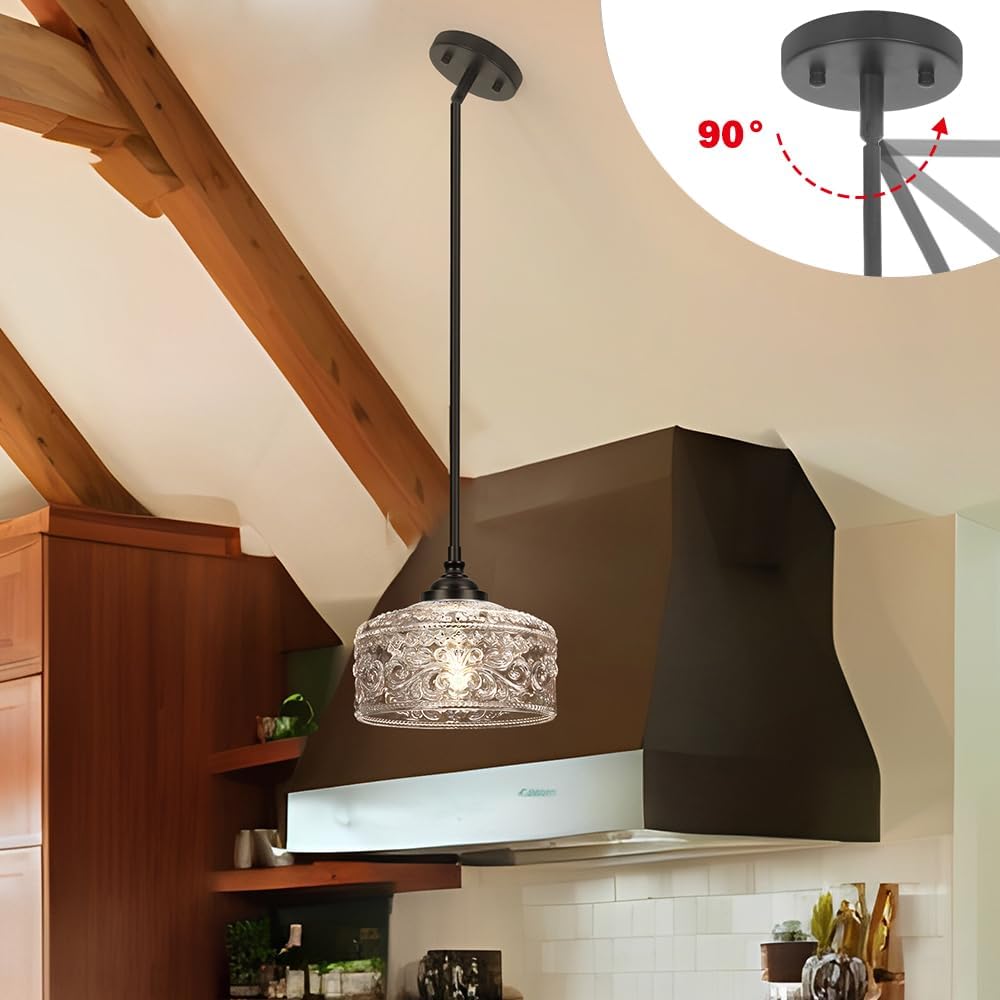 Black Vintage Pendant Lights Kitchen Island, Adjustable Height Kitchen Island Lighting, Bathroom Pendant Light with Clear Glass Shade- Dual Mount Ceiling & Hanging Fixtures with 90° Swivel for Decor