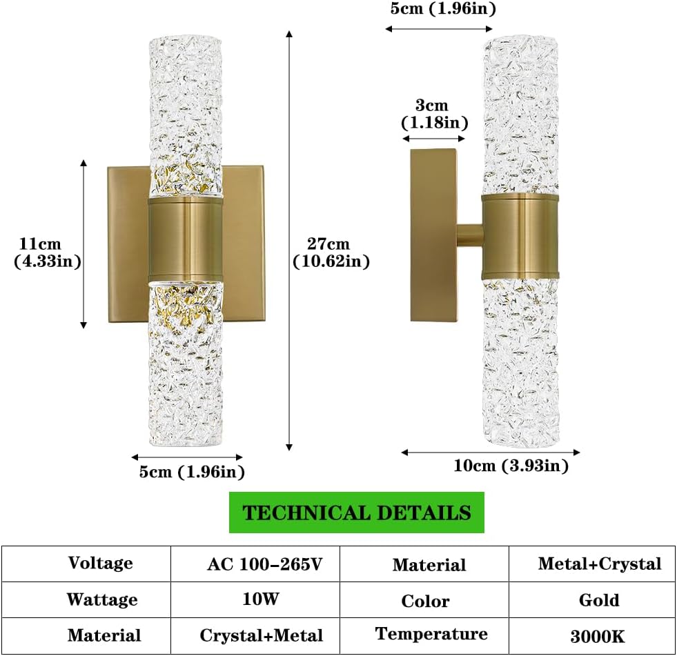 Crystal LED Wall Sconces Set of 2, Brushed Gold Bathroom Light Fixtures, Modern Bathroom Sconce Lights with Wired LED