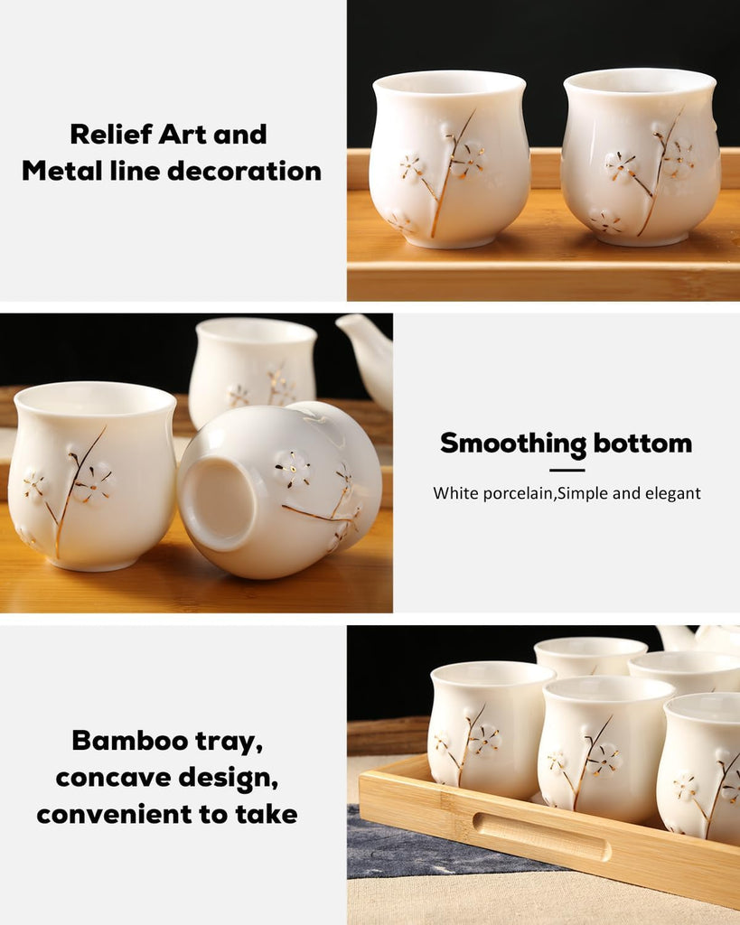Japanese Tea Set, White Porcelain Chinese Tea Set (Plum in Golden)