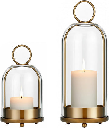 5"&4" Hurricane Glass Candle Holders, Hanging Brass Metal Candle Holder | Glass Candlestick Holders for Pillar