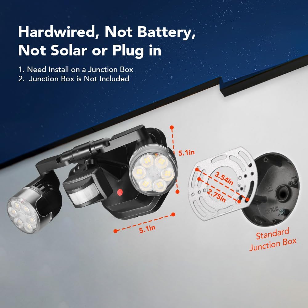 Motion Sensor Outdoor Security Light, Adjustable Dual-Head LED Flood Light, 3 Modes(Motion/Manual/Dusk to Dawn), 150W