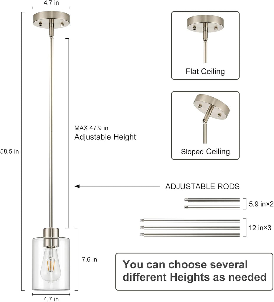 Modern Farmhouse Brushed Nickel Pendant Lights, Mini Hanging Light Fixture with Clear Glass Shade, Adjustable Rods