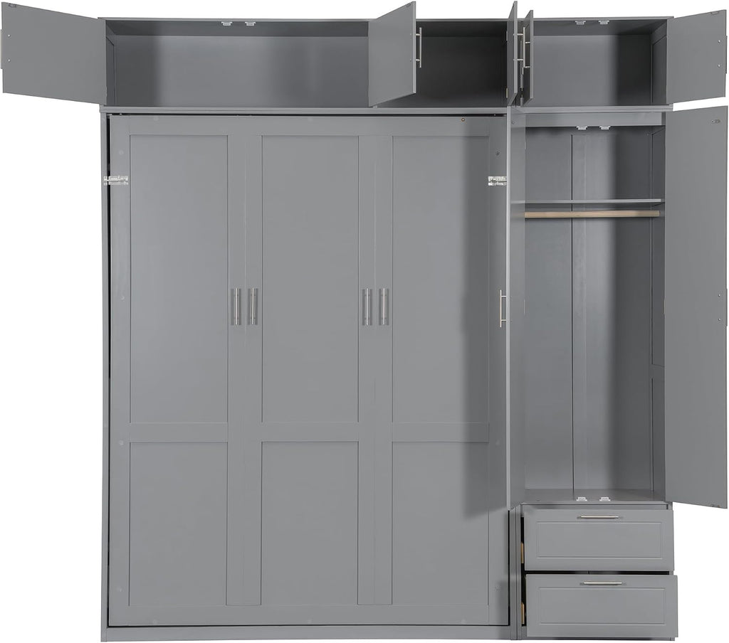 Queen Murphy Bed with Shelves, Top Cabinet and Wardrobe, Fold into The Wall, Multifunctional Foldable Platform Bed