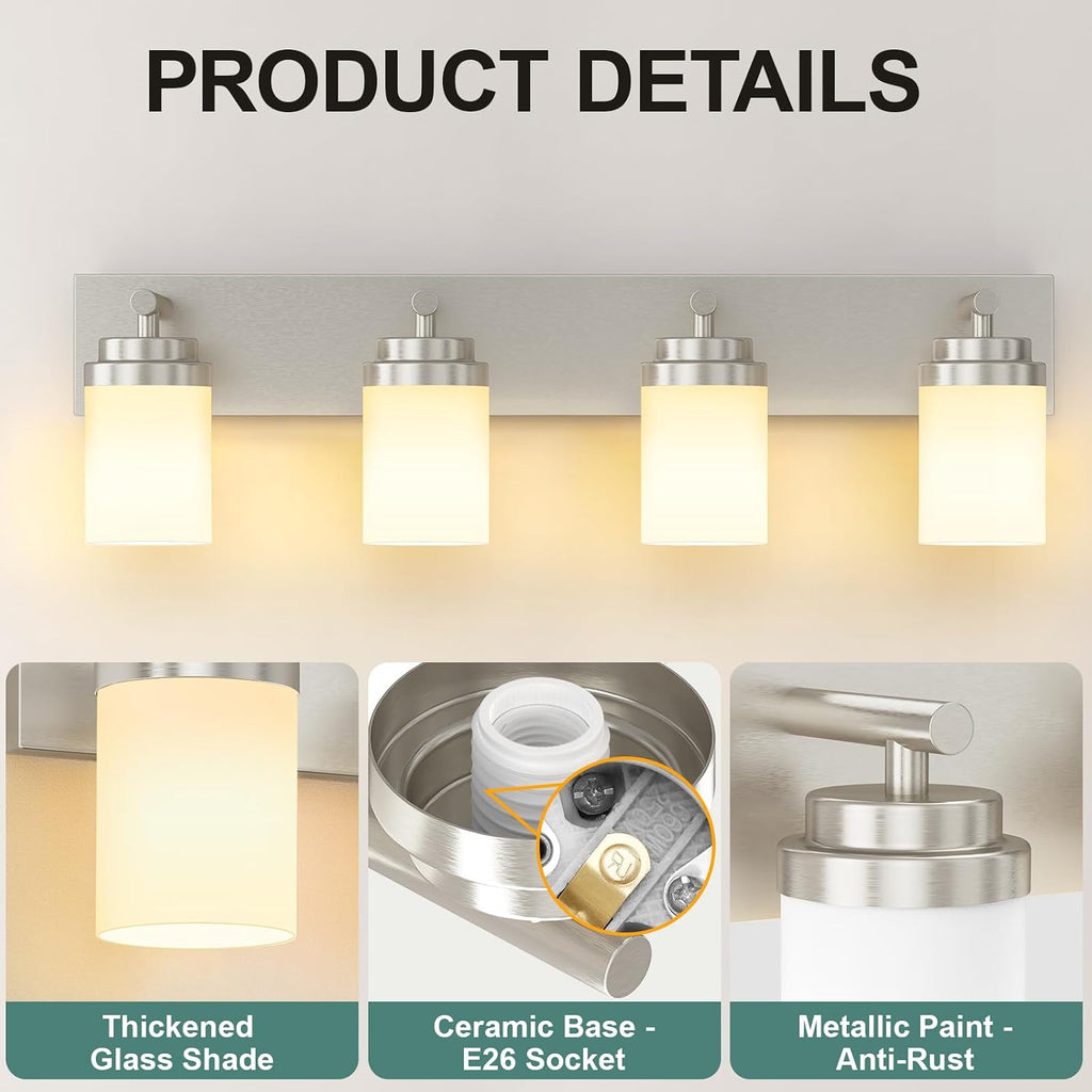Bathroom Vanity Light Fixture, 4-Light 30 Inch Brushed Nickel Bathroom Light Fixtures Over Mirror, with White Glass