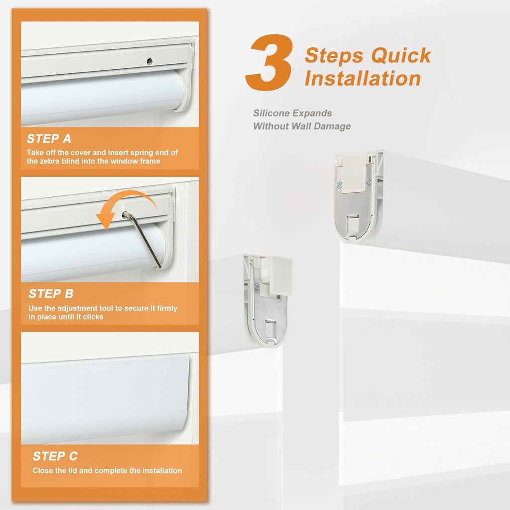 No Drill No Tool Custom Size Zebra Blind Dual Layer Privacy for Day and Night Window Blinds Light Filtering Cordless