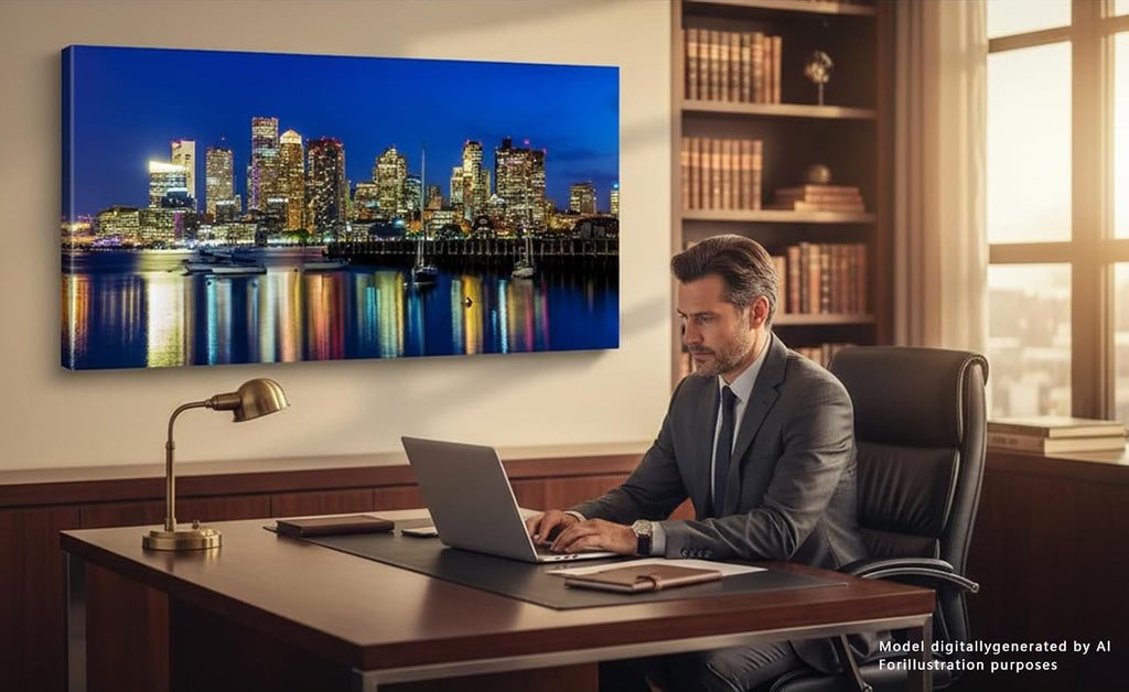 Blue Boston Skyline Canvas Wall Art, USA City Panoramic Night Scene Painting, Large 20"x40" Modern Downtown Skyline