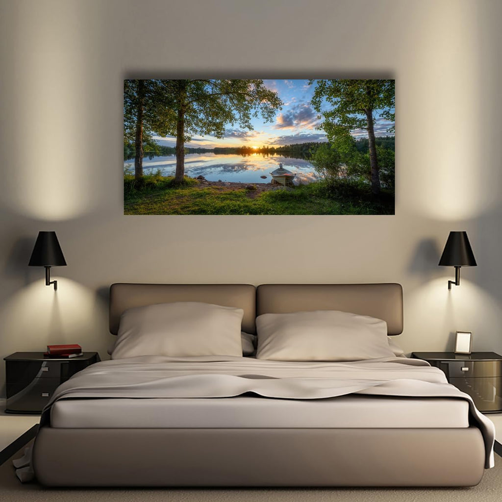 Tree Canvas Wall Art of a Sunrise Over a Forest Lake Nature Inspired Painting Perfect for Wall Decoration