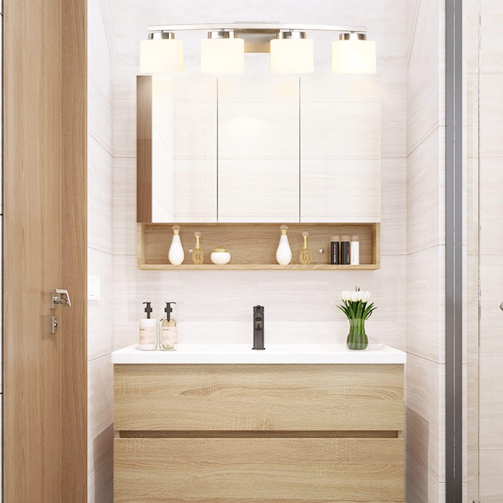 4-Light Brushed Nickel Vanity Light Fixture with White Glass Shade Over Mirror, 31.5 Inches