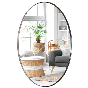 Brushed Nickel Oval Mirrors, 22x30 Inch Silver Stainless Steel Metal Framed Oval Wall, Modern Vanity Wall Mount