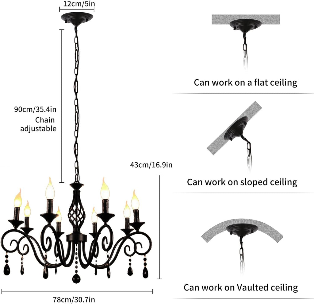 Chandeliers,8-Light French Country Crystal Candle Chandelier,Industrial Black Vintage Pendant Light Fixture Hanging Lights for Living Room Kitchen Dinner Room Island Kitchen