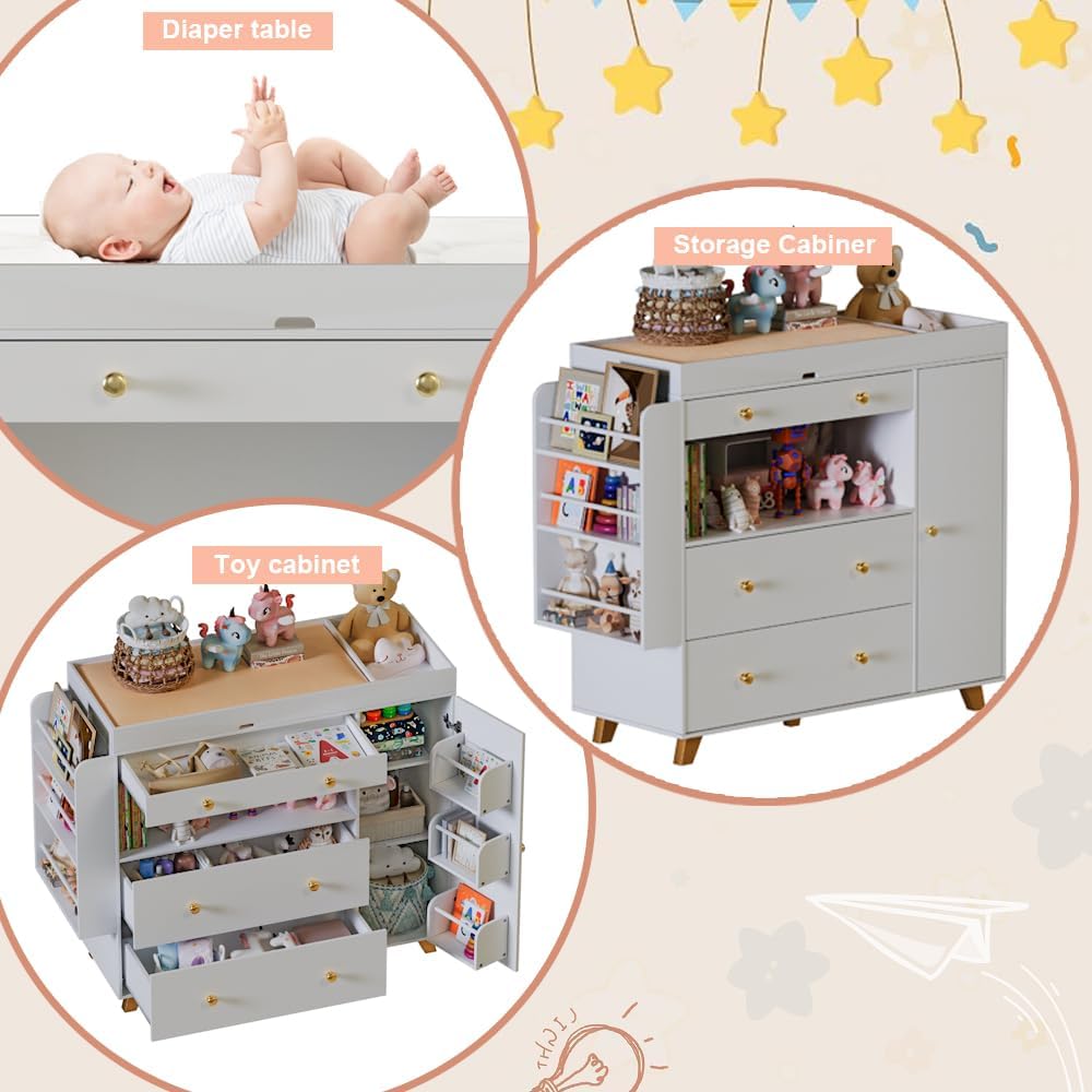 Nursery Dresser with Baby Changing Table, Modern Diaper Changing Station,Dresser with 3 Drawers & Shelves, Storage