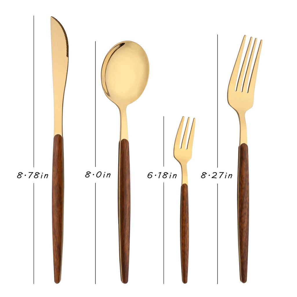 16-Piece Silverware Set with Cake Fork, Gold Stainless Steel Flatware Cutlery Set, Eating Utensils Set with Wooden