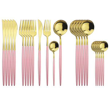 Gold Silverware Set, 24-Piece Stainless Steel Flatware Set Service For 6, Mirror Polished Pink Handle Tableware