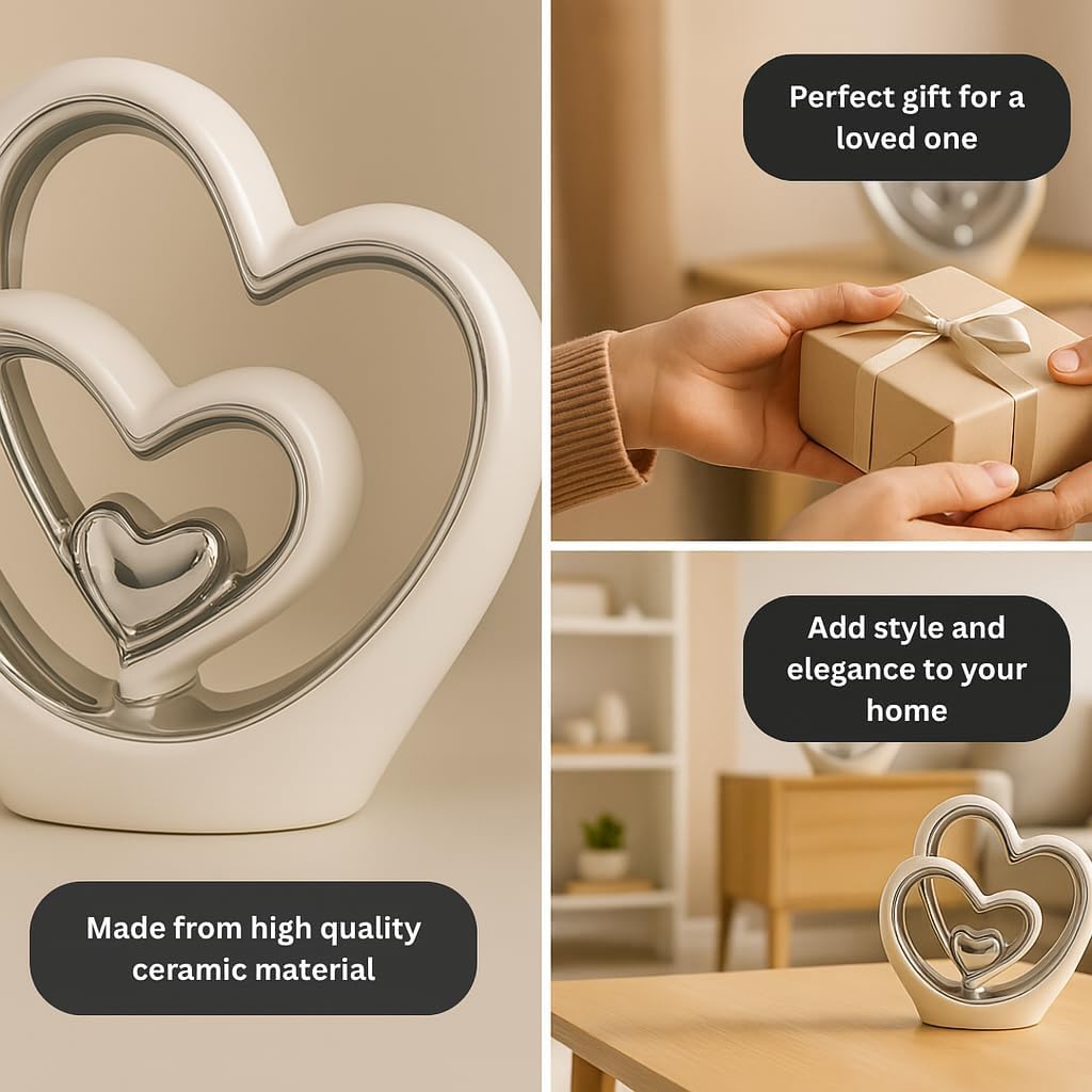Silver Heart Ornament - Elegant Ceramic Couple Sculpture - White & Silver Tabletop Decor - Romantic Centerpiece or