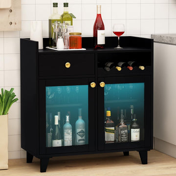 Black Wine Bar Cabinet, Glass Door with LED Light & Shelves | Comes With Glass Doors And Interior Light; Adjustable