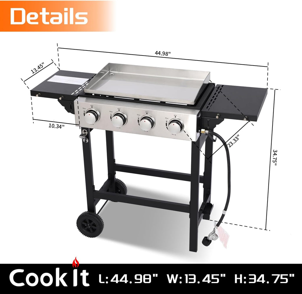 4-Burner Flat Top Gas Grill with Stainless Steel Griddle, Includes Cover and Regulator for Camping, Tailgating, Patio, and Backyard BBQ