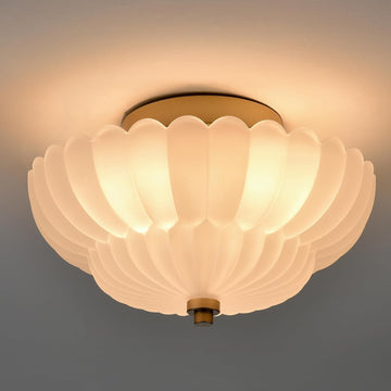 Gold Flush Mount Ceiling Light with Scalloped Frosted Milk Glass | Modern Brass Semi Flush Mount Ceiling Light