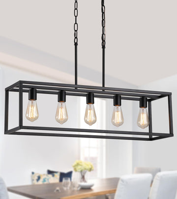 Black Rectangle Kitchen Island Lights Rectangular Modern Industrial Chandelier 5 Lights Linear Vintage Cage Light