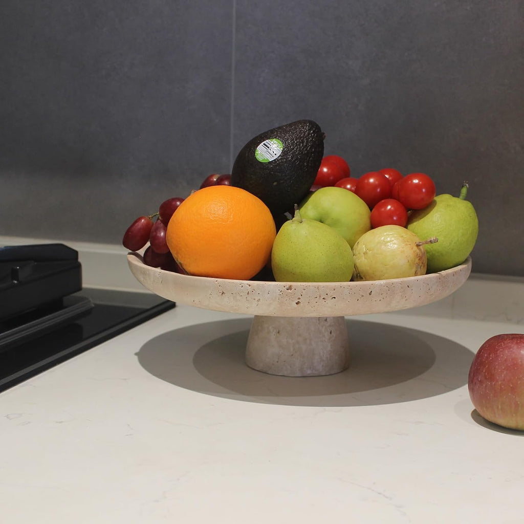 Natural Travertine Fruit Bowl Counter 10.2", Large Decorative Bowl Pedestal Decor, Fruits Holder For Dining Table