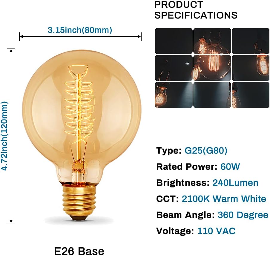 Edison Incandescent Light Bulbs 60 Watt, G25(G80) Vintage Light Large Bulb, 6-Pack Globe Bulbs 2100K Warm White, E26