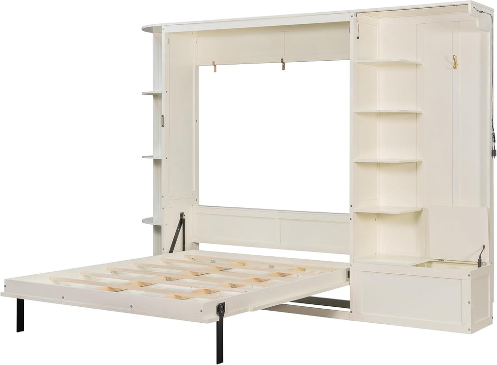 Queen Murphy Bed with Storage and Lights, Hidden Fold-Out Legs, Foldable Murphy Cabinet Bed with Hook, Built-in