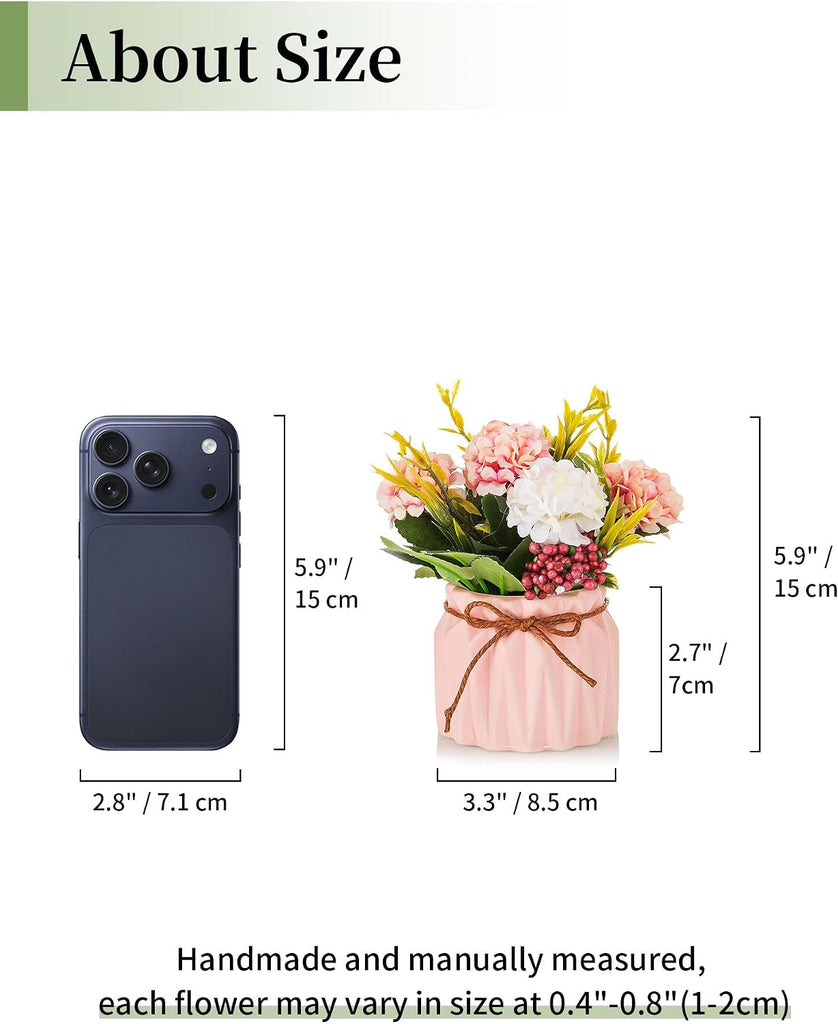 Hydrangea Artificial Flowers in Vase for Table, 4 Pcs, 5.9 Inch | 4 Colors, Small Ceramic Vase with Flowers, Cute