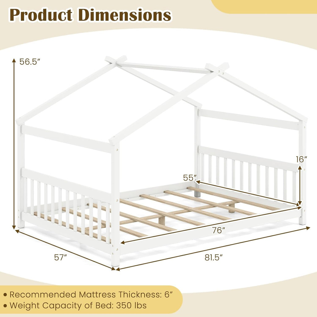 Full Size Floor Bed, Solid Wood Montessori House Bed with Roof, Headboard and Footboard, Low Full Bed Frame for Kids