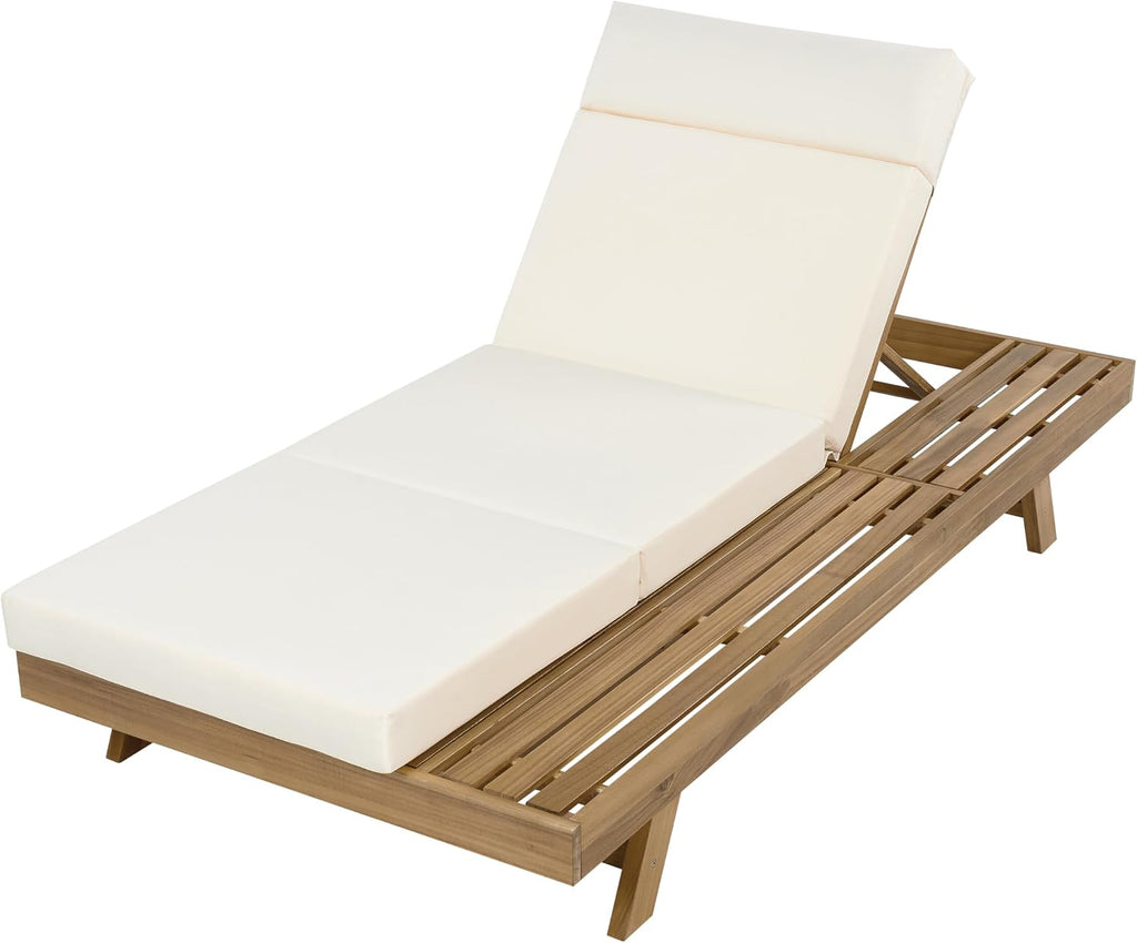 Chaise Lounge Chair Outdoor with 4'' Foldable Cushion, Acacia Wood Poolside Sun Lounger, Space Available On One