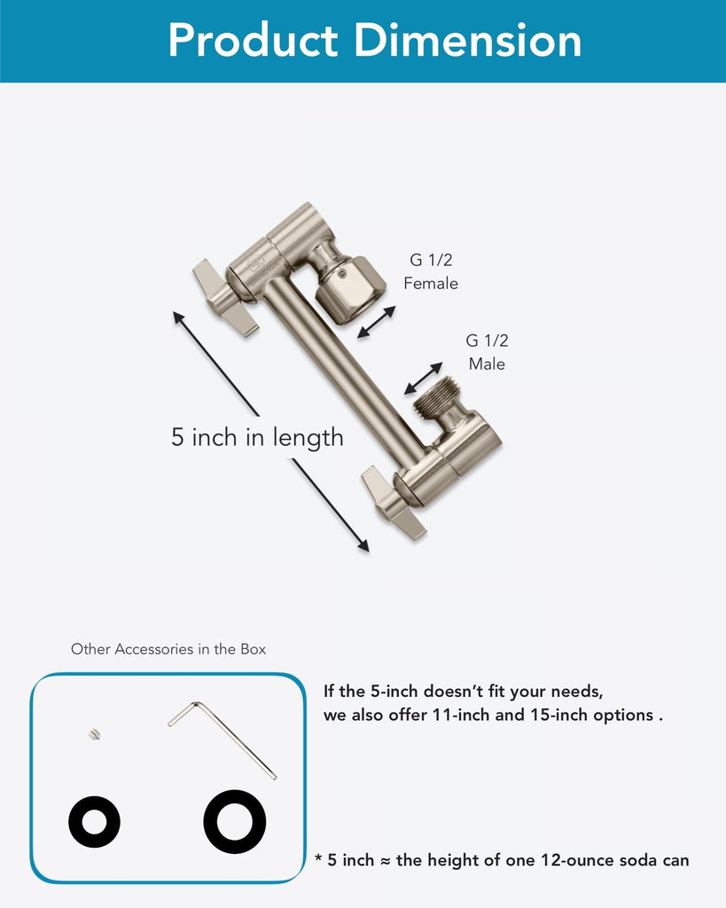 5 Inch Adjustable Shower Head Extension Arm With Locking Set Screw, 304 Stainless Steel Nickel Brushed Angle Height