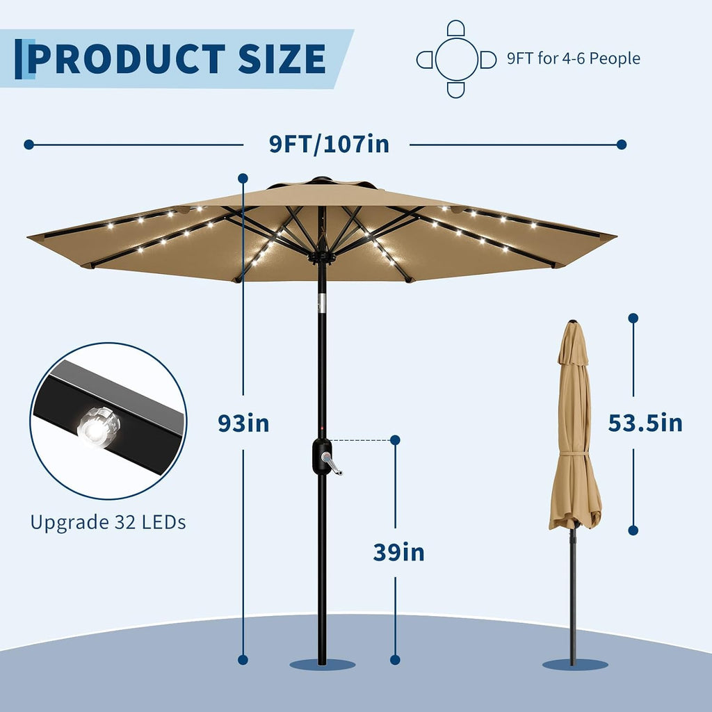 Patio Umbrella with Solar Lights, Outdoor Table Umbrella with 8 Durable Ribs, Tilt & Crank Mechanism