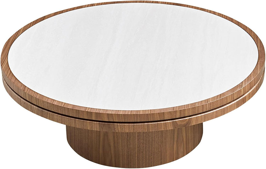 35.43" Round Coffee Table Sintered Stone for Living Room, Round Wood Pedestal Coffee Table with Travertine Texture Tab