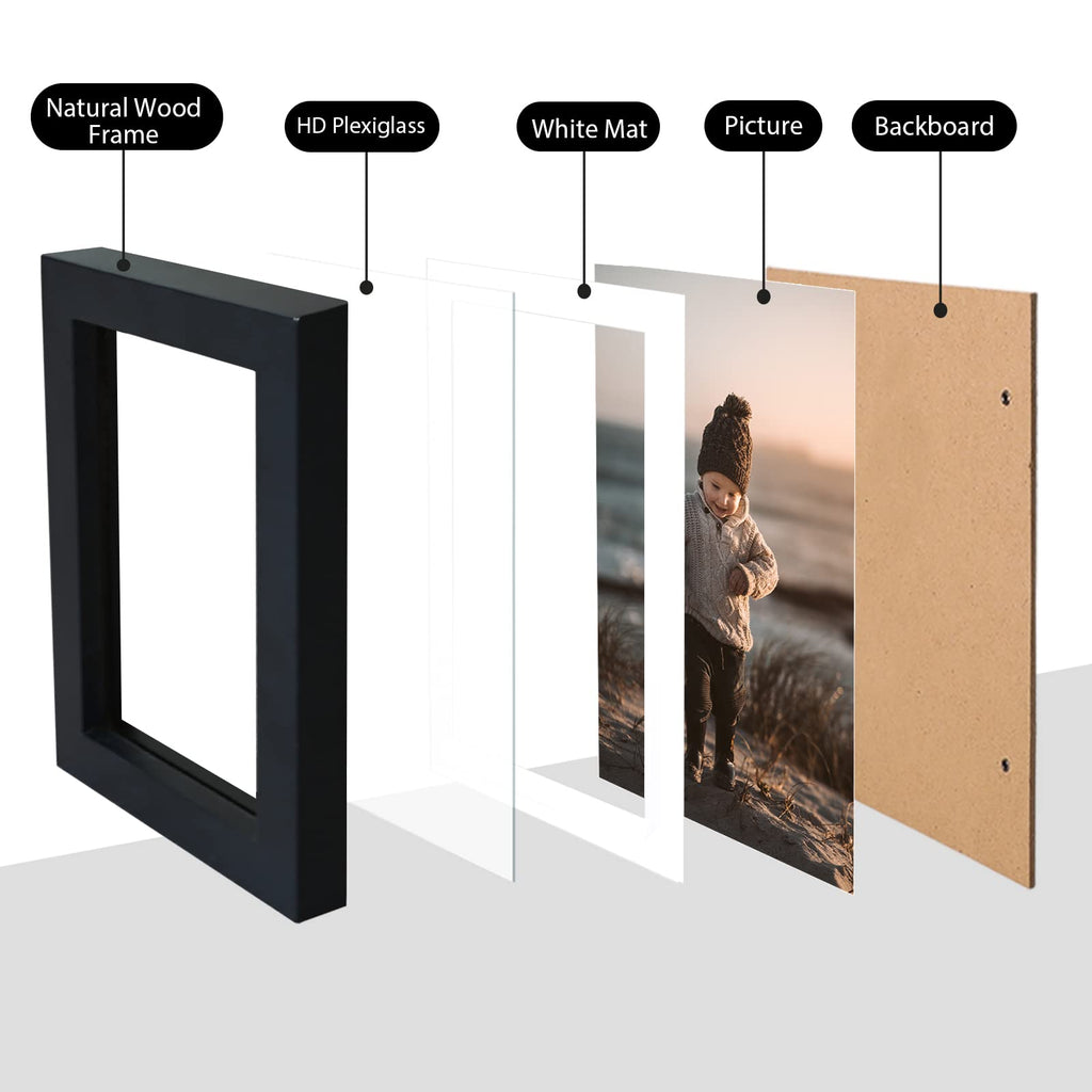 4x6 Frame Black, Solid Wood 4 x 6 Picture Frame with Acrylic Plexiglass for 3.5x5 with Mat, Tabletop and Wall Display