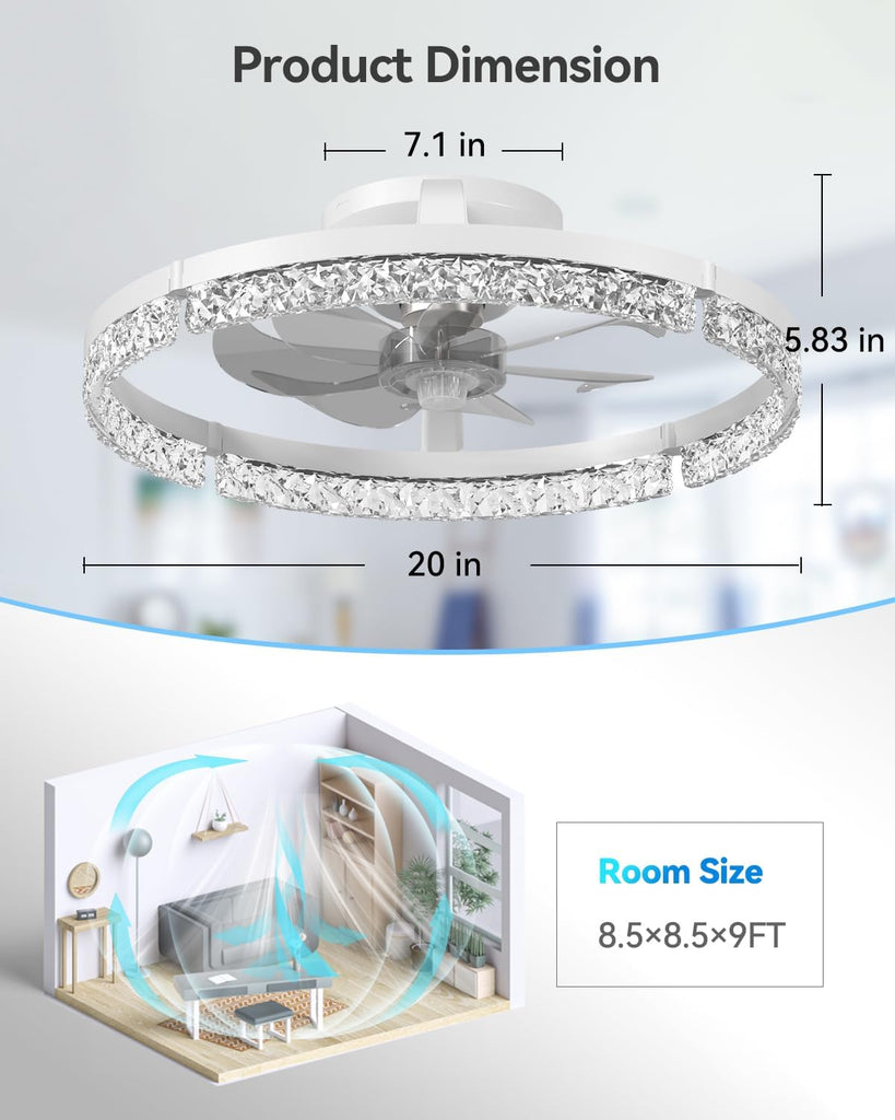 Ceiling Fans with Lights and Remote, 20'' Low Profile Ceiling Fans, 3000-6000K Dimmable Modern Flush Mount LED Fan Light, Fandelier Ceiling Fan for Bedroom, Kitchen, Living Room, White