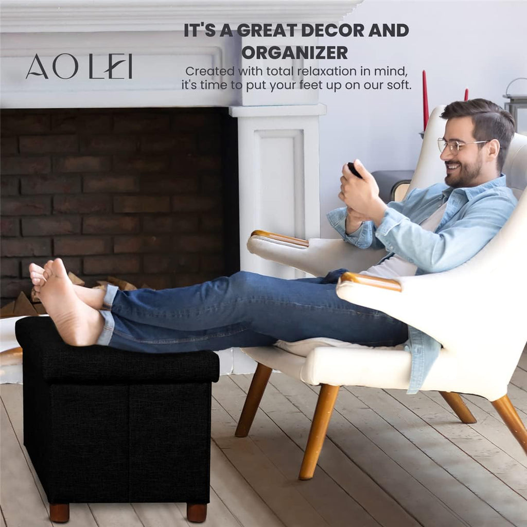 30 Inches Storage Ottoman Bench, Storage Bench with Wooden Legs Ottoman Foot Rest Removeable Lid End of Bed, Linen