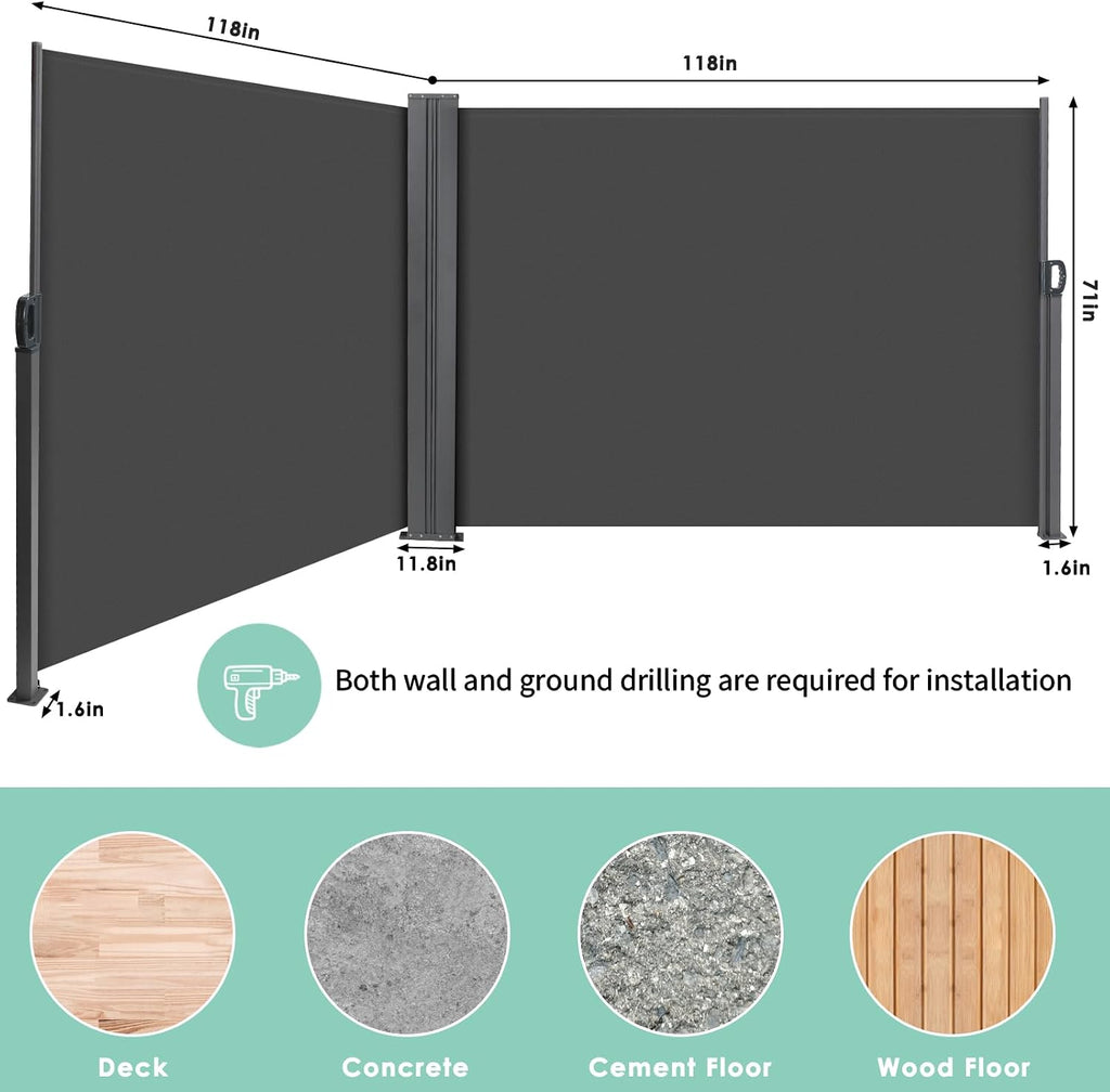 236" x 71" Retractable Side Awning, Patio Privacy Screen | UV Resistant Waterproof Patio Retractable Side Screen for
