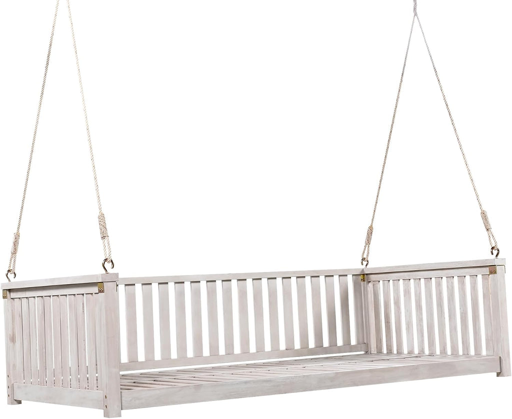 79" Acacia Solid Wood Porch Swing Bed Twin Size Hanging Daybed with Hemp Ropes, Classic Patio Backyard Outdoor Wooden