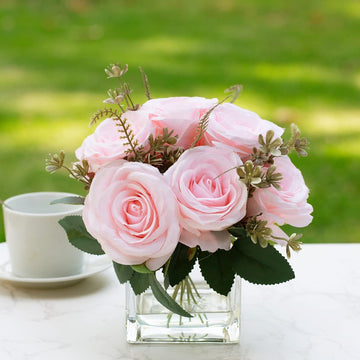 9 Heads Rose Artificial Silk Flowers in Vase, Pink Rose Faux Flowers Arrangement in Vase with Faux Water fo Tabletop