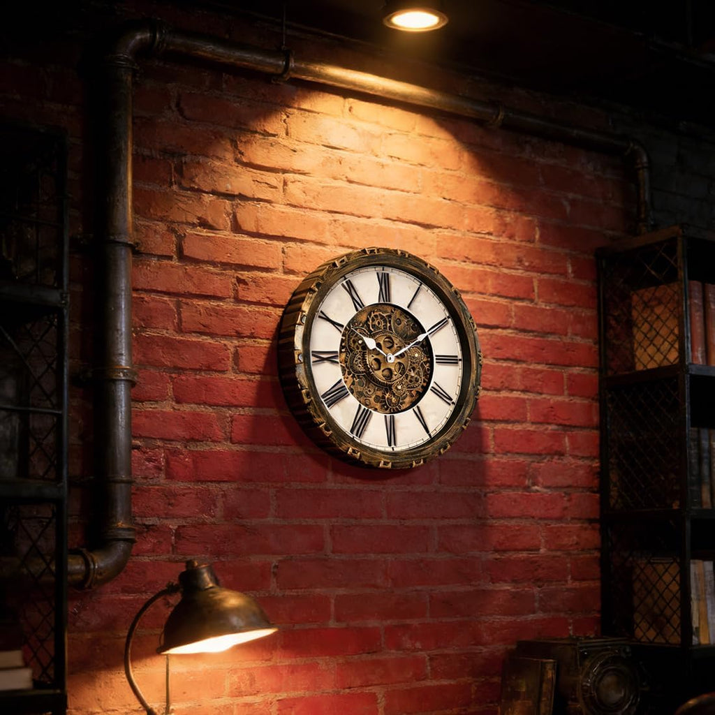 15 Inch Wall Clock with Real Moving Gears, Industrial Steampunk Vintage Wall Decor, Antique Metal Big Numeral Wall Clocks for Office...